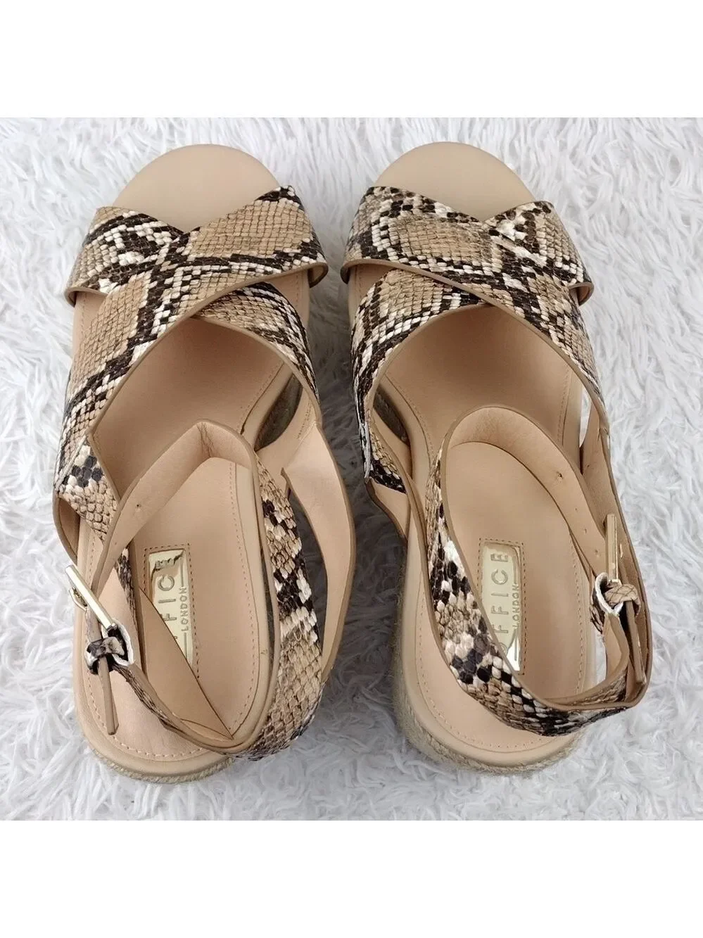 Office London Brown Snakeskin Open Toe Slingback Platform Espadrille Sandal Shoe